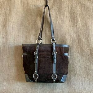 Coach Shoulder Bag w/ Silver Details Brown Suede / Leather Straps